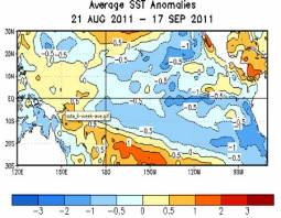 Le anomalie della temperatura superficiale del Pacifico delle ultime 4 settimane