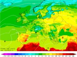 La pressione e le temperature al suolo previste per Sabato alle ore 14, notate il minimo di bassa pressione sulla Liguria