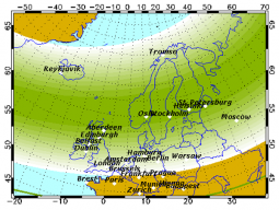 L'area verde rappresenta l'area nella quale sono visibili le aurore boreali nel caso di Kp=8