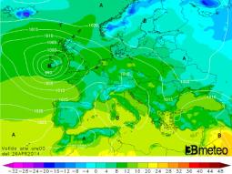 Pressione al suolo prevista per la sera del 25 Aprile: notare la depressione sul Tirreno