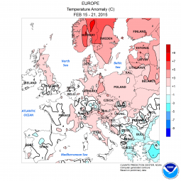 Anomalie di temperatura in Europa, settimana 15-21 Febbraio 2015 (fonte NOAA)