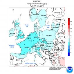 Anomalie temperatura Europa periodo 17-23 Agosto (fonte NOAA)