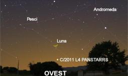 Ecco come apparirà la congiunzione tra la Luna e la cometa subito dopo il tramonto il 12 marzo.