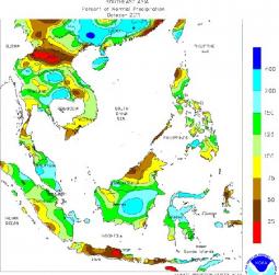 Il surplus pluviometrico dell'area Indocina-Indonesia, espressa in percentuali