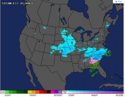 Immagine radar delle precipitazioni sugli USA, in azzurro quelle nevose. Fonte accuweather.com