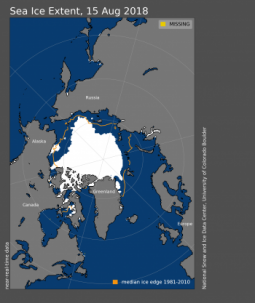 L'estensione del ghiaccio marino artico al 15 Agosto 2018