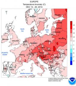 Le anomalie termiche in Europa nella settimana 14-20. Fonte NOAA