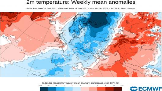 11-18 gennaio: anomalie temperature a 2m su base ecmwf 