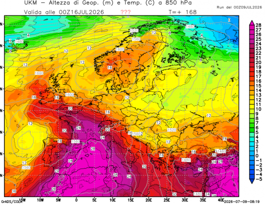 Temperature previste dal modello UKMO a 1500/1600m circa