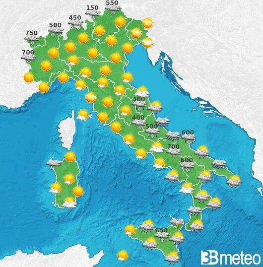 Il tempo previsto per la giornata di domani