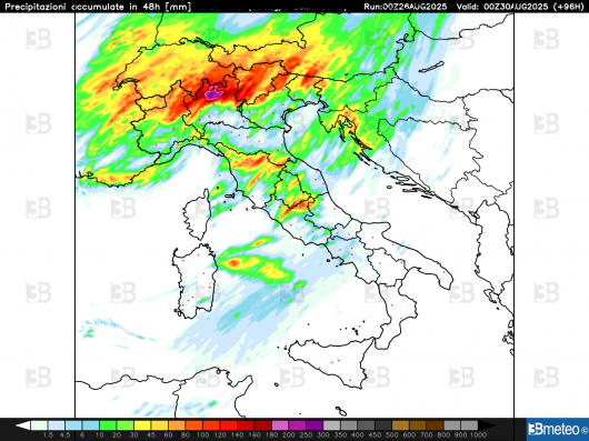 Accumuli complessivi piogge tra giovedì e venerdì