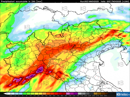 Accumuli complessivi previsti nella giornata di domenica al Nord. Punte di oltre 100mm in Liguria