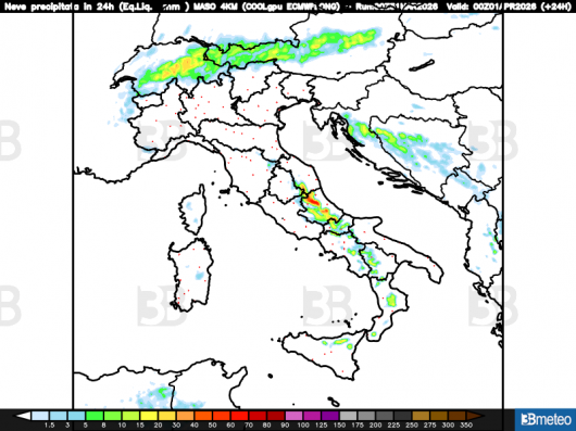 Accumuli di neve fresca nelle 24 ore di martedì