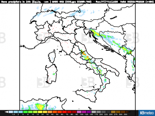 Accumuli di neve fresca nelle 24 ore di mercoledì