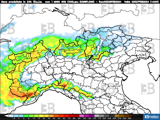 Accumuli di neve fresca previsti entro le 24 di lunedì
