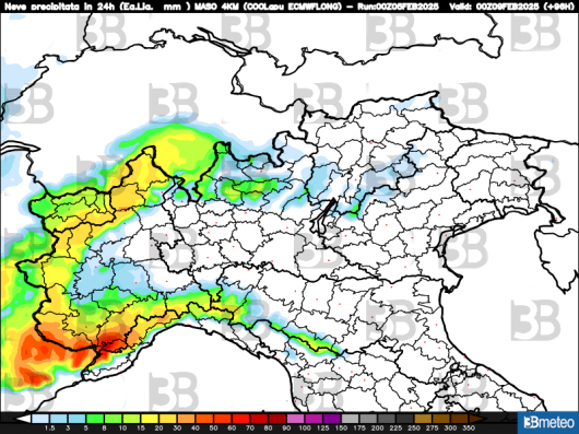 Accumuli di neve previsti in 24 ore nella giornata di sabato