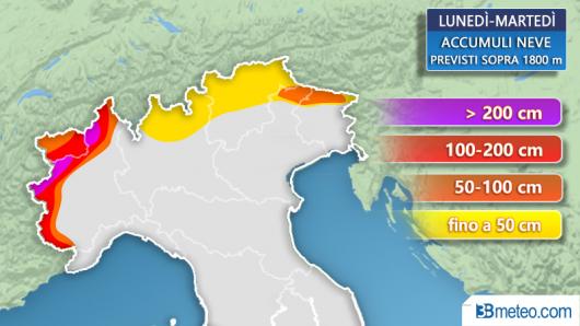 Accumuli di neve previsti tra lunedì e martedì sulle Alpi