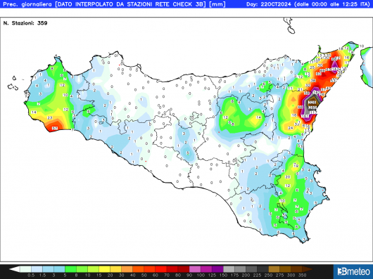 Accumuli pluviometrici in 12 ore dalla mezzanotte del 22 ottobre