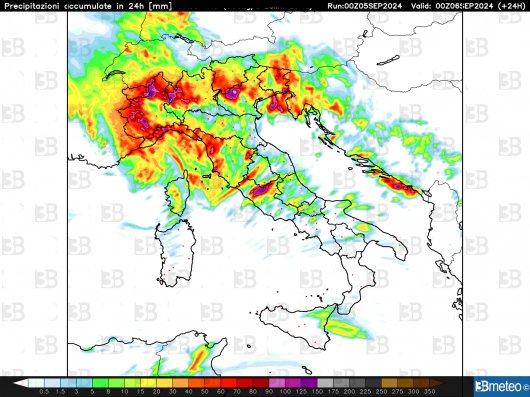 Accumuli pluviometrici previsti i 24 ore fino alla mezzanotte di oggi
