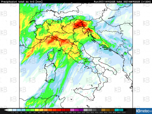 Accumuli pluviometrici totali entro la mezzanotte di martedì