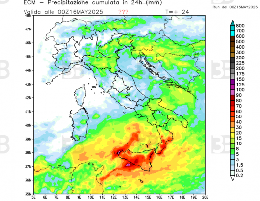 Accumuli previsti da ECMWF per la giornata odierna