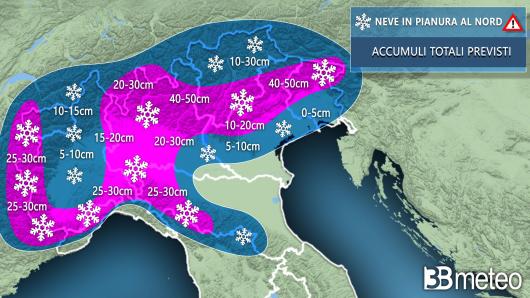 Accumuli totali di neve previsti