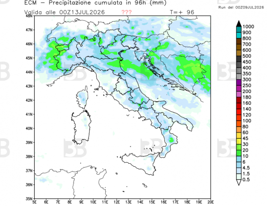 Accumuli totali previsti nel weekend 