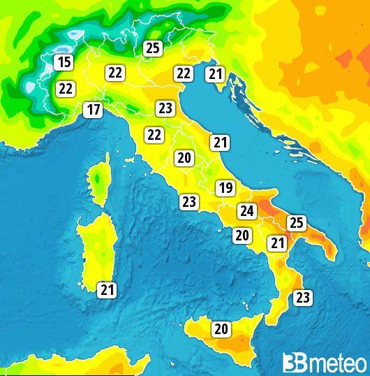 Alcune temperature massime previste per lunedì 30 aprile