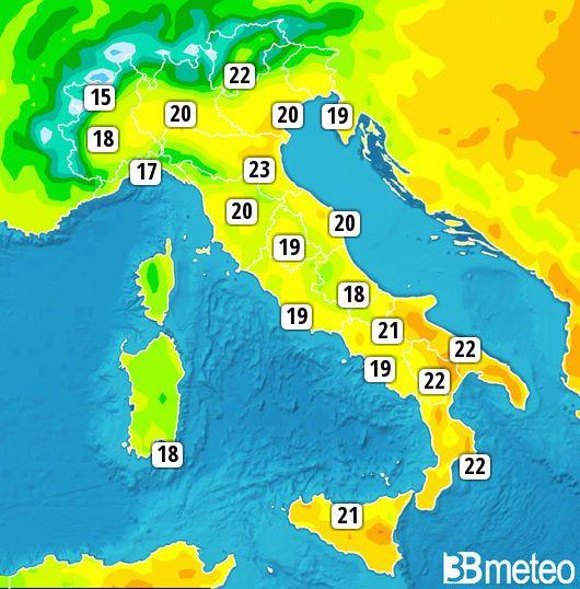 Alcune temperature massime previste per martedì 1° maggio