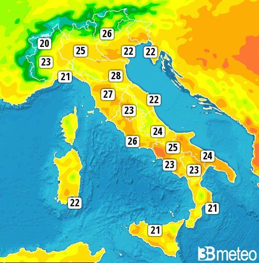 Alcune temperature massime previste per sabato 28 aprile