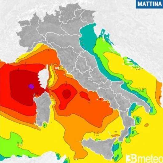 Altezza onde lunedì mattina (in viola oltre 5 metri)