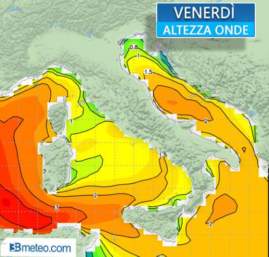 Altezza onde medie previste venerdì