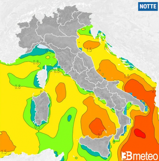 Altezza onde prevista nella notte tra lunedì e martedì