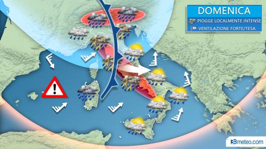 Ancora maltempo domenica sull'Italia con forti piogge e venti sostenuti