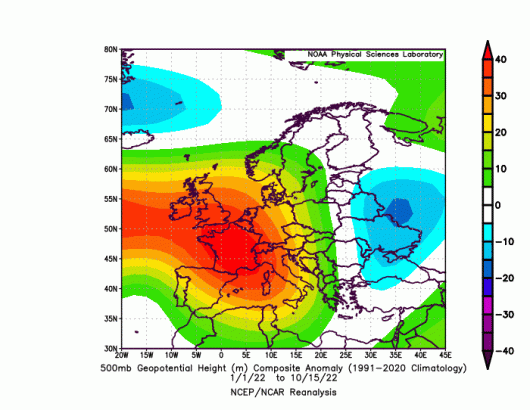 Anomalia dell'altezza di geopotenziale a 500hPa nell'anno 2022, da gennaio a metà ottobre