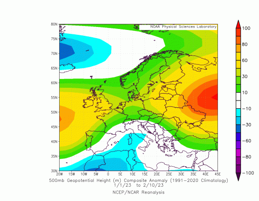 Anomalia di geopotenziale a 500hPa mediata dal 1 gennaio al 10 febbraio 2023. Fonte NOAA