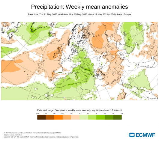 Anomalia di precipitazione attesa nel periodo 15-22 Maggio (fonte ECMWF)