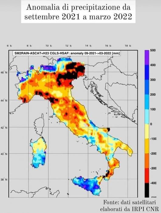 Anomalia di precipitazione nel periodo settembre 2021 - marzo 2022. Fonte CNR