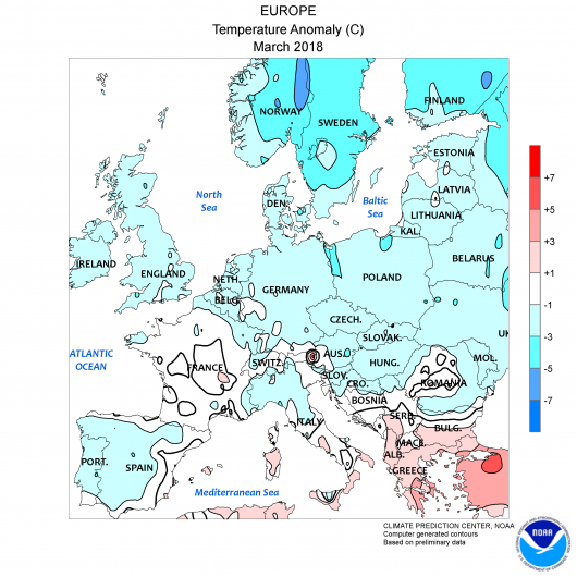 Anomalia di temperatura a Marzo 2018 in Europa (fonte NOAA)