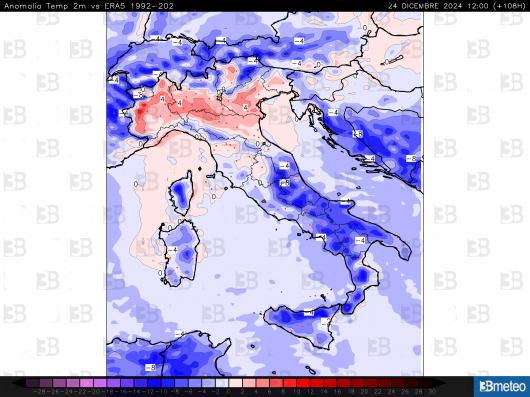 Anomalia di temperatura al suolo rispetto alla media trentennale
