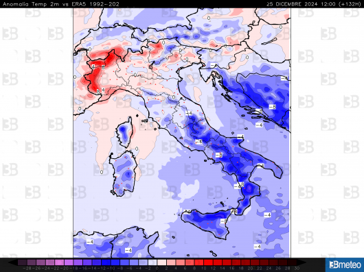 Anomalia di temperatura al suolo rispetto alla media trentennale