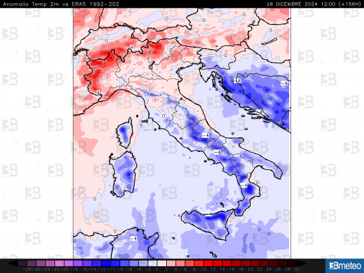 Anomalia di temperatura al suolo rispetto alla media trentennale