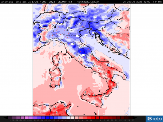 Anomalie attese per domenica 26. Come si evince atteso in calo al Nord ma un nuovo rialzo al Sud
