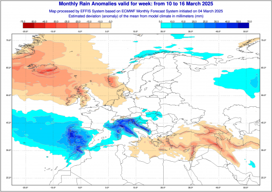 Anomalie di piogge viste da EFFIS su base Ecmwf