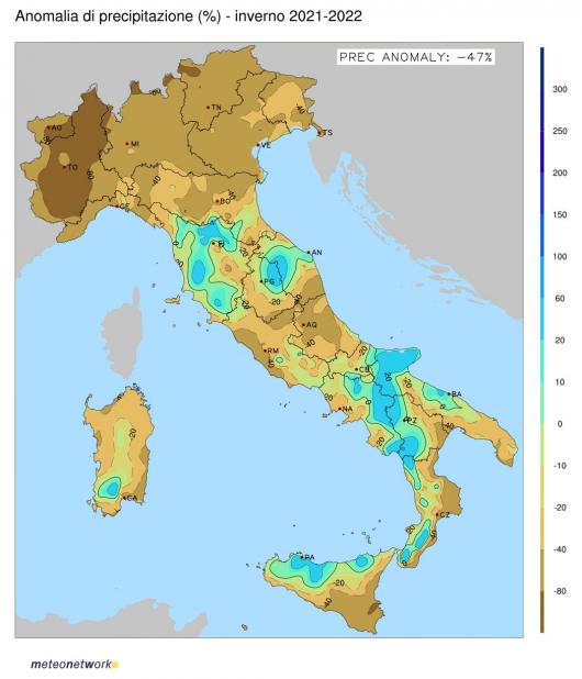 Anomalie di Precipitazioni inverno 21/22 (fonte dati rete Meteonetwork)