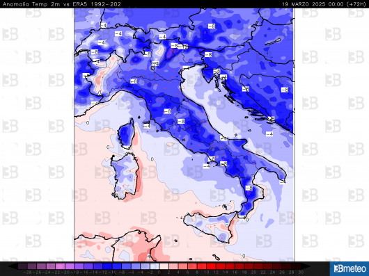 Anomalie di temperatura al suolo per martedì