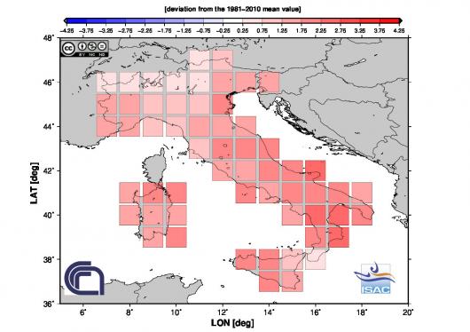 Anomalie di temperatura dell'Estate 2021 rispetto al periodo 1981-2010 (fonte ISAC-CNR)