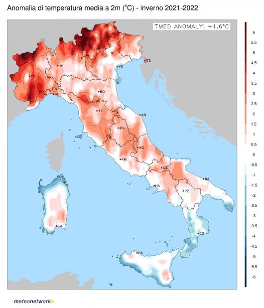 Anomalie di Temperatura inverno 21/22 (fonte dati rete Meteonetwork)