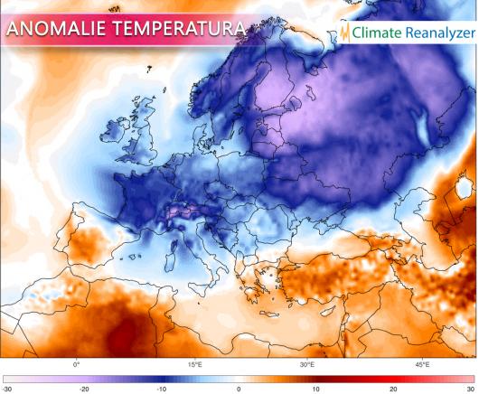 Anomalie di temperatura previste lunedì 26