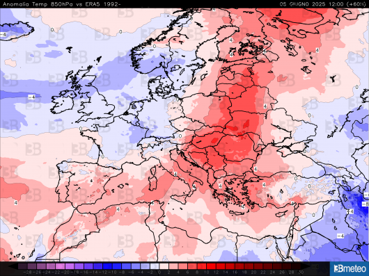 Anomalie di temperature 850 hPa per giovedì 5 giugno
